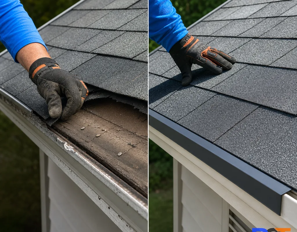 Before and after view of damaged eave shingles replaced with aligned shingles and corrected drip edge