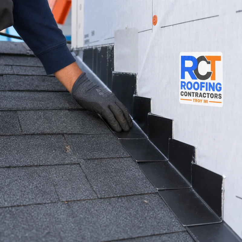 Correctly installed step flashing and counterflashing at a roof-to-wall intersection