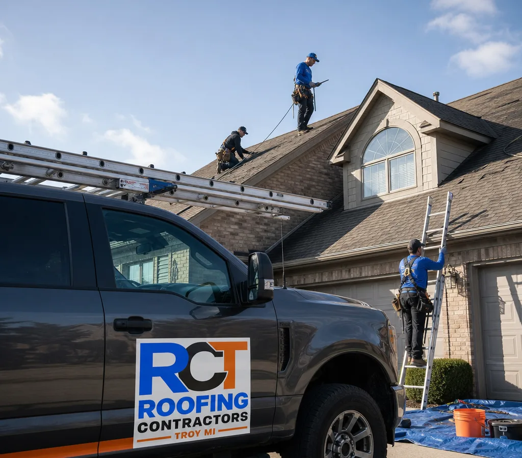 Roofing crew safely inspecting and documenting shingle wear on a Troy, Michigan home
