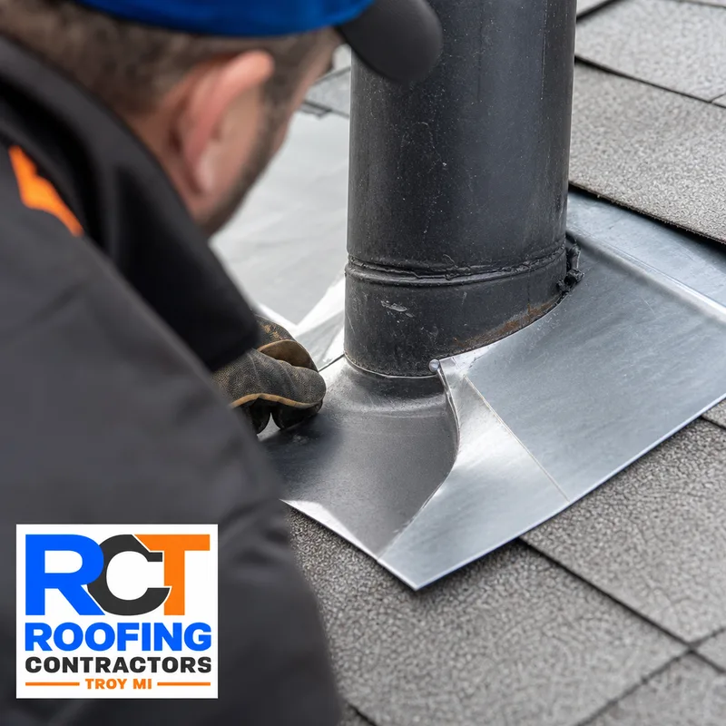 Close-up of correctly integrated metal flashing, shingles, and underlayment at a roof penetration