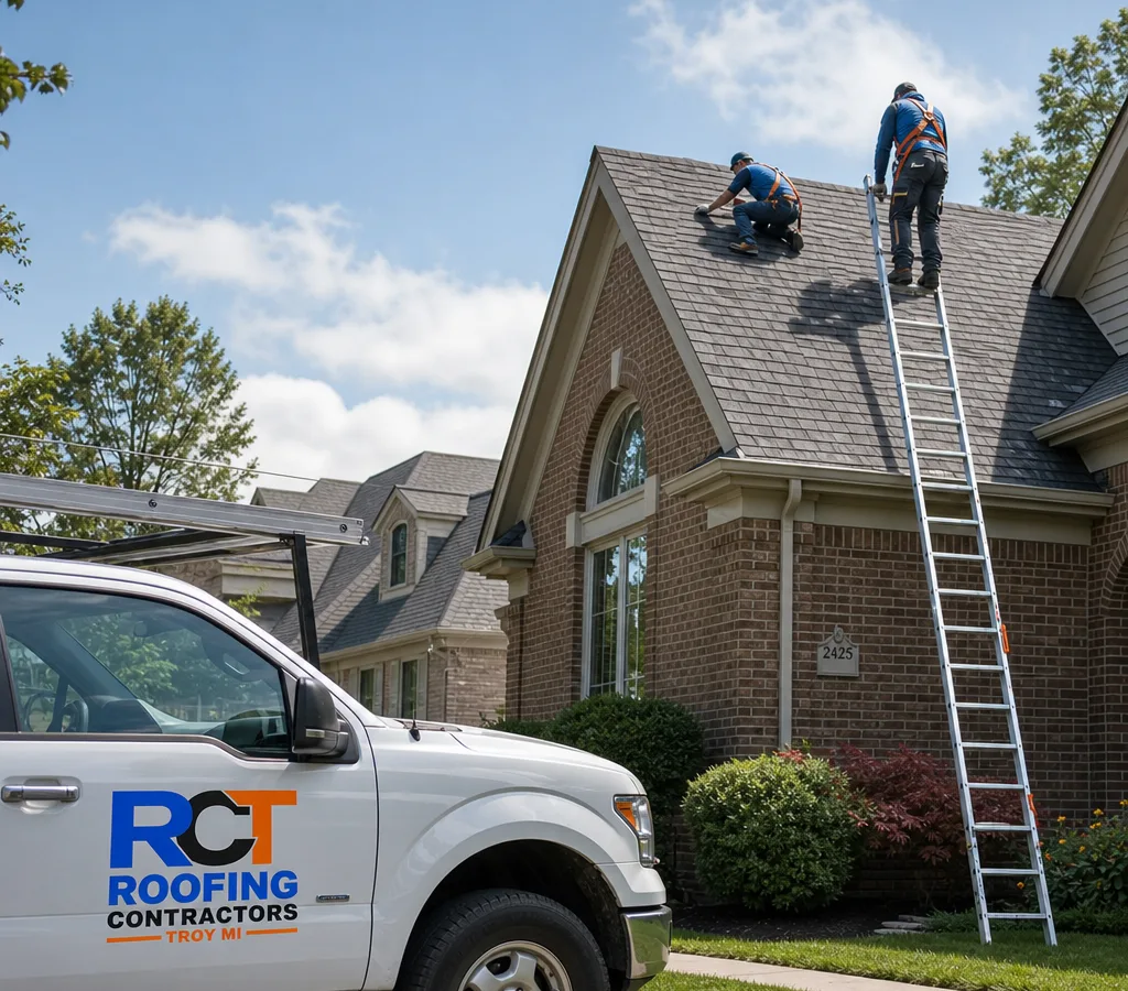 Residential roofing crew performing a roof inspection with properly set ladders and visible safety gear