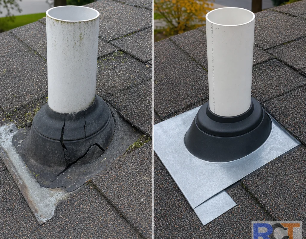 Before-and-after comparison of a cracked plumbing vent pipe boot replaced with new integrated flashing