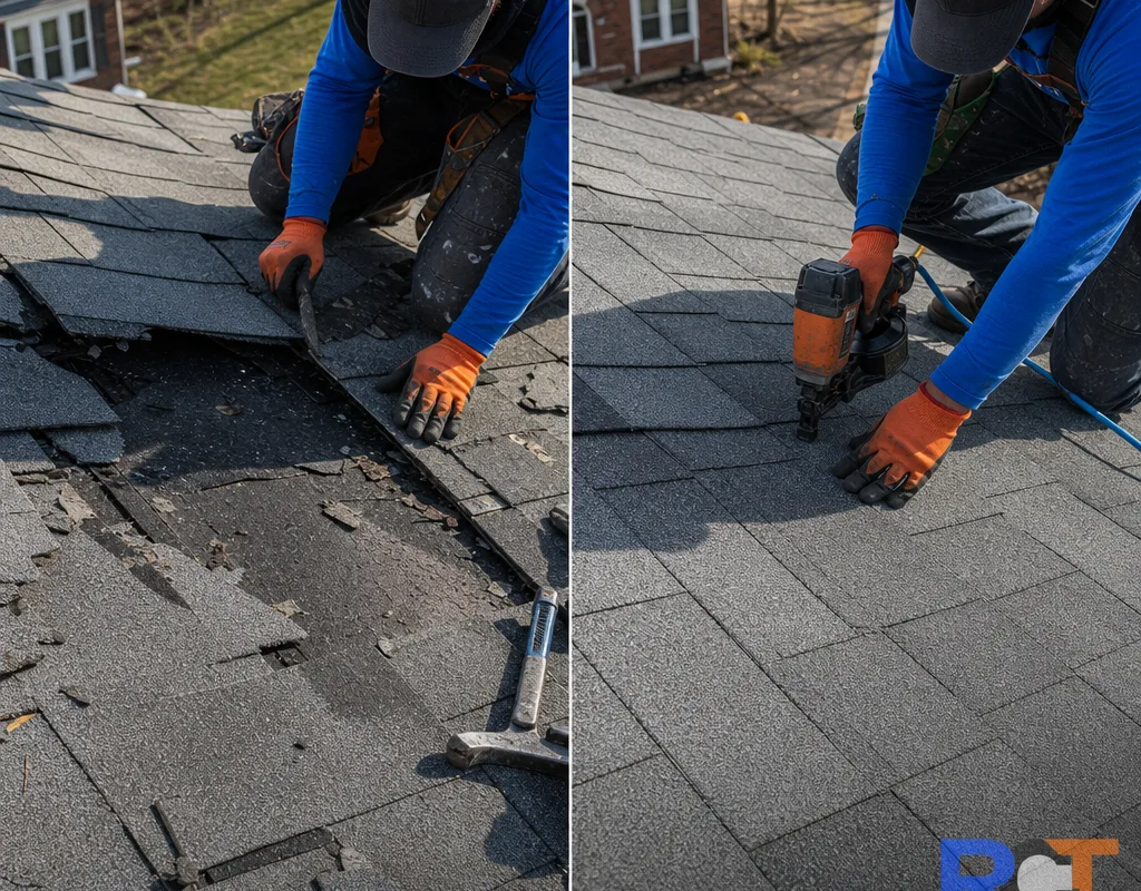 Before-and-after comparison of lifted or missing shingles repaired with properly matched asphalt shingles