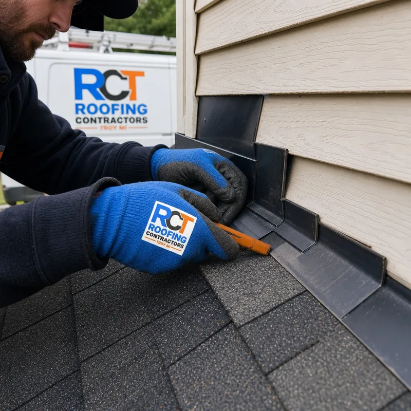 Properly installed step flashing and counterflashing at a roof-to-wall intersection on an asphalt shingle roof