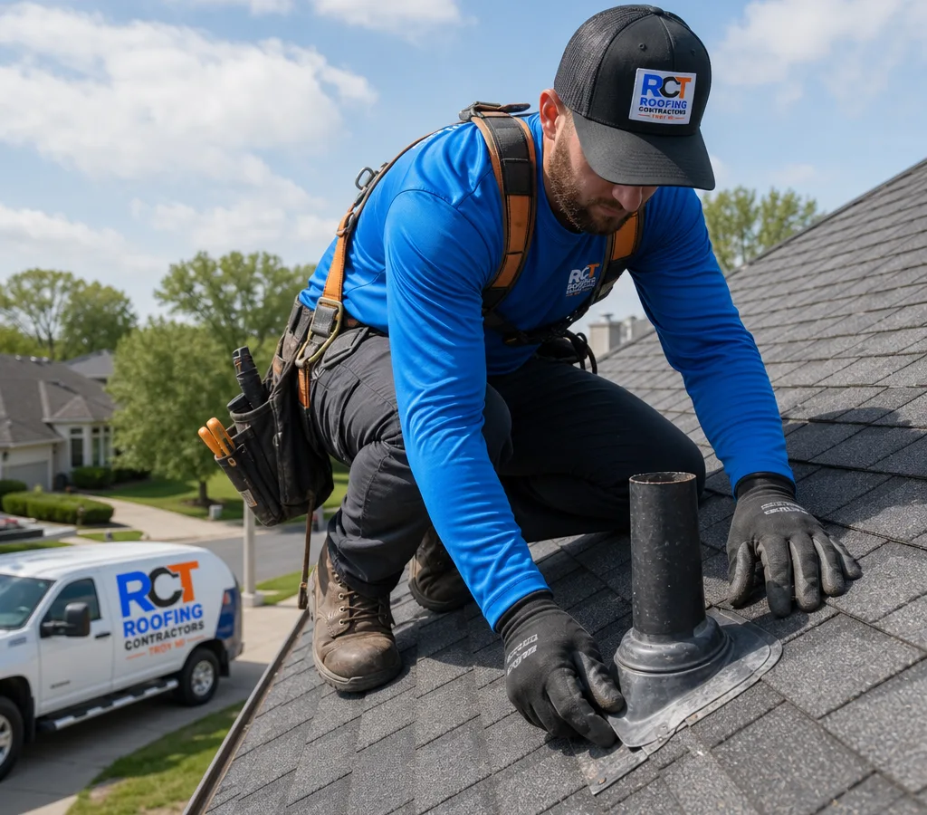 Roofing technician with a safety harness inspecting asphalt shingles near a roof penetration on a Troy, Michigan home