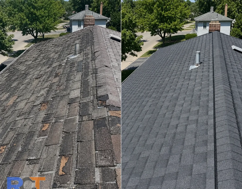 Before and after comparison of a Troy home with worn shingles replaced by a uniform architectural shingle roof and crisp ridge vent