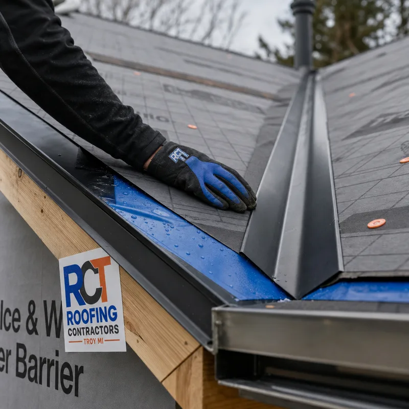 New roof replacement details with ice and water barrier, synthetic underlayment, metal drip edge, and valley flashing before shingles