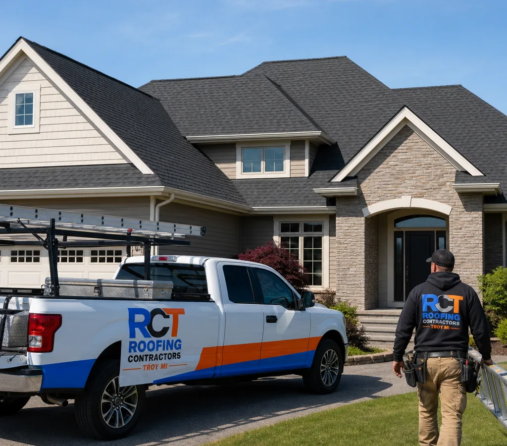 Finished asphalt shingle roof on a Troy, Michigan home with crisp ridge lines, clean valley flashing, and neat drip edge