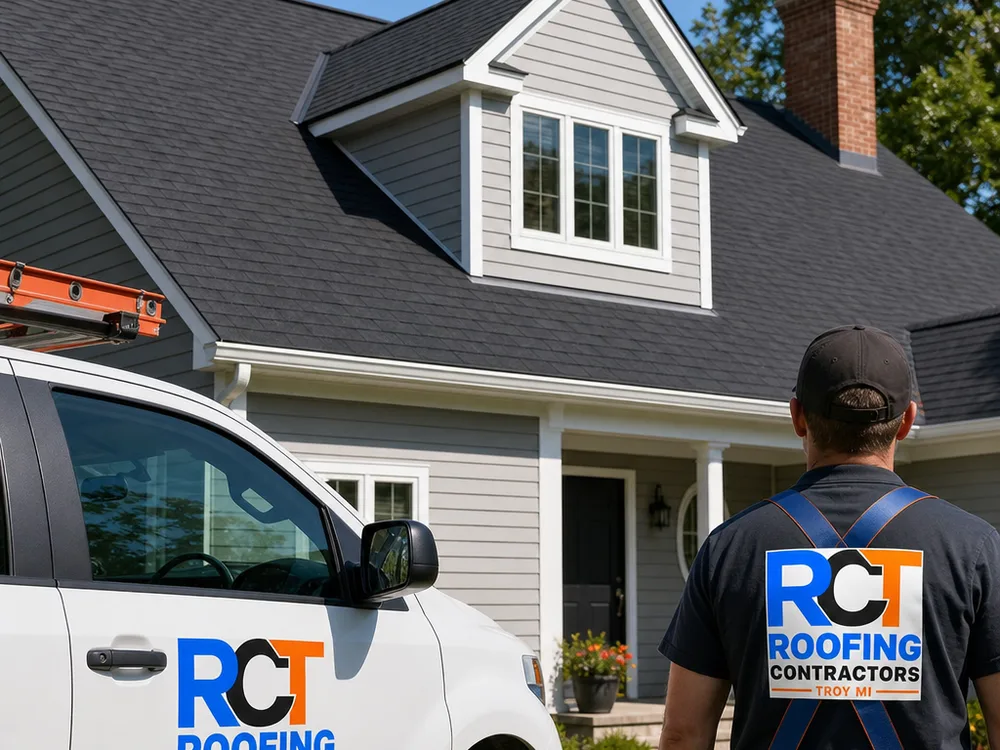 Finished roof replacement with clean valleys, straight shingle courses, and neat metal drip edge on a Troy home