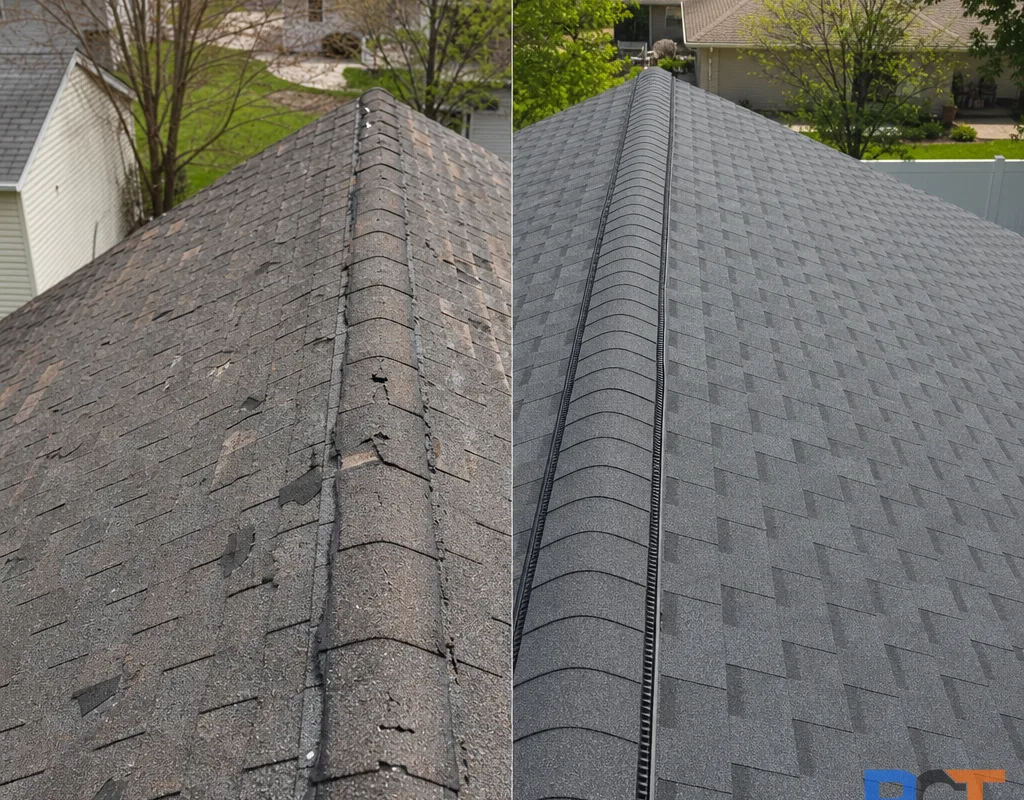Before and after residential roof replacement with new architectural shingles and clean ridge ventilation
