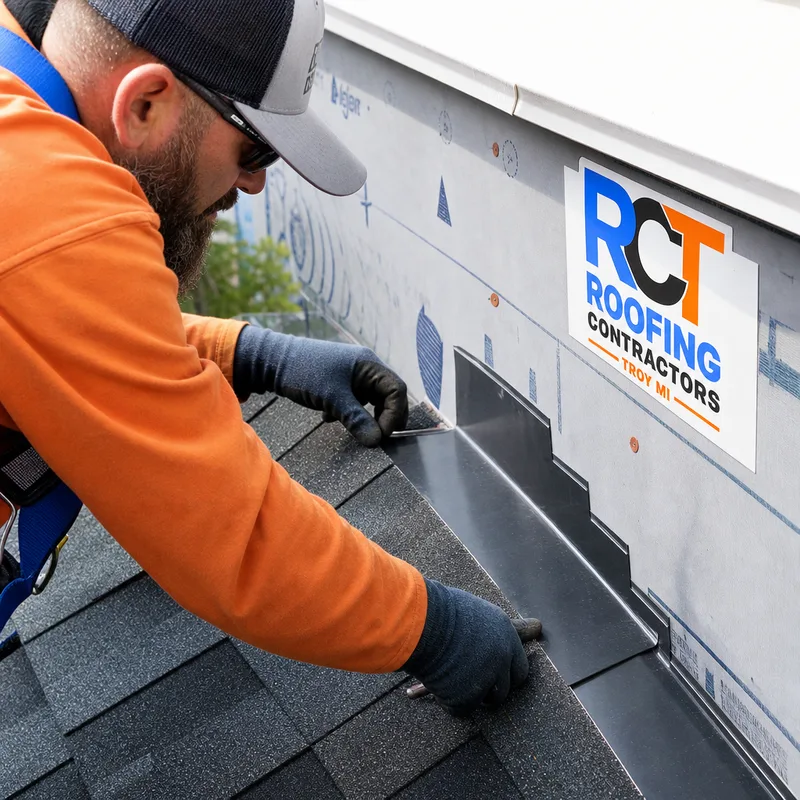 Roofer installing layered step flashing at a roof-to-sidewall intersection
