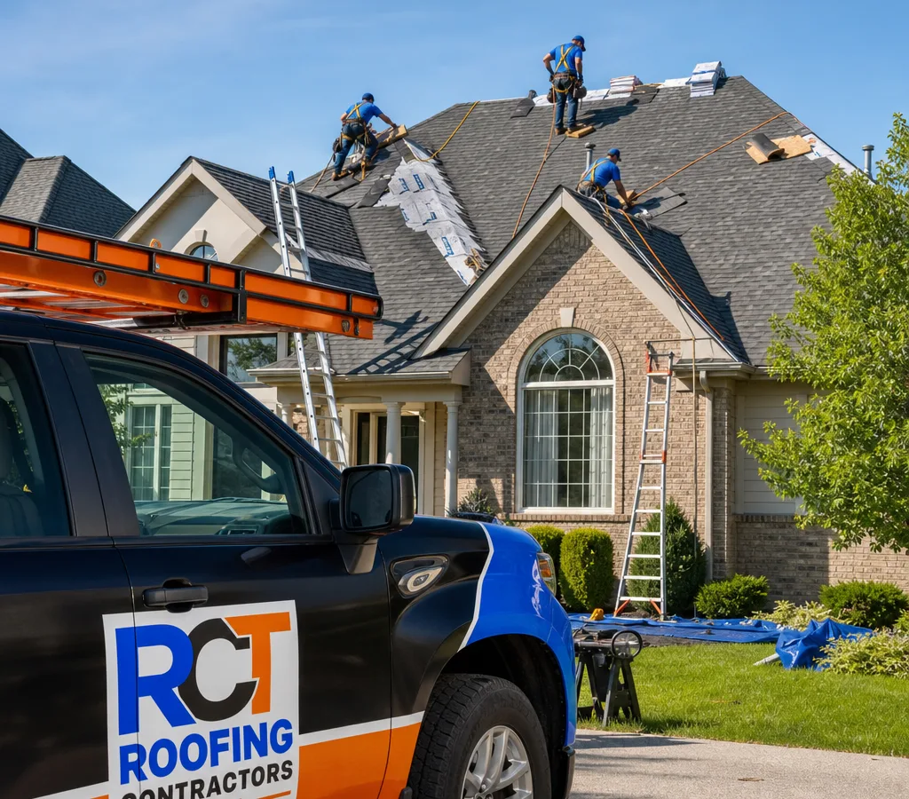 Roofing crew installing architectural asphalt shingles with ladders and safety equipment on a suburban Michigan home