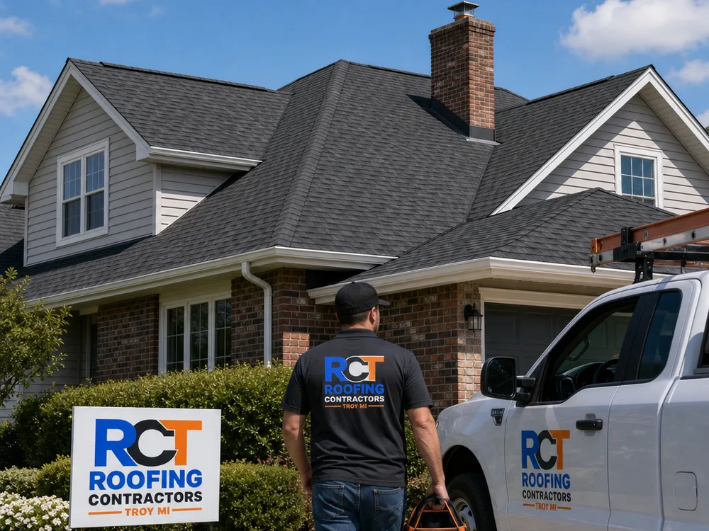 Finished multi-plane residential roof with straight shingle courses and tidy chimney flashing