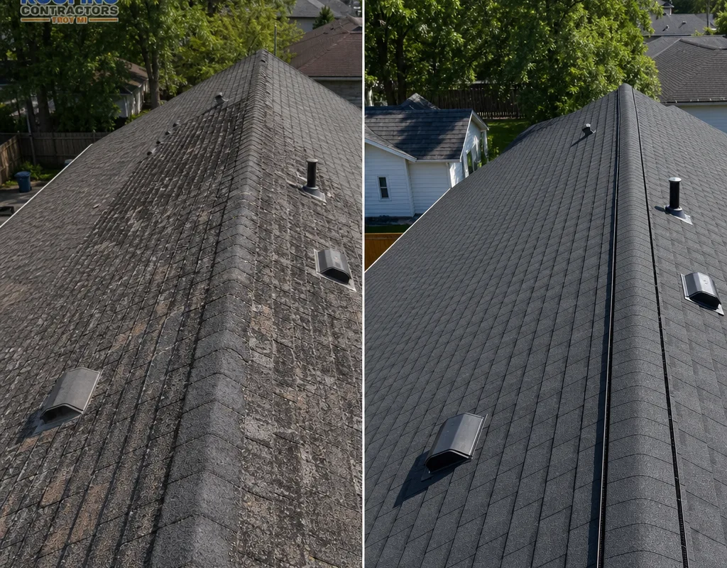 Before and after comparison of worn shingles and a new asphalt architectural shingle roof on a Troy home