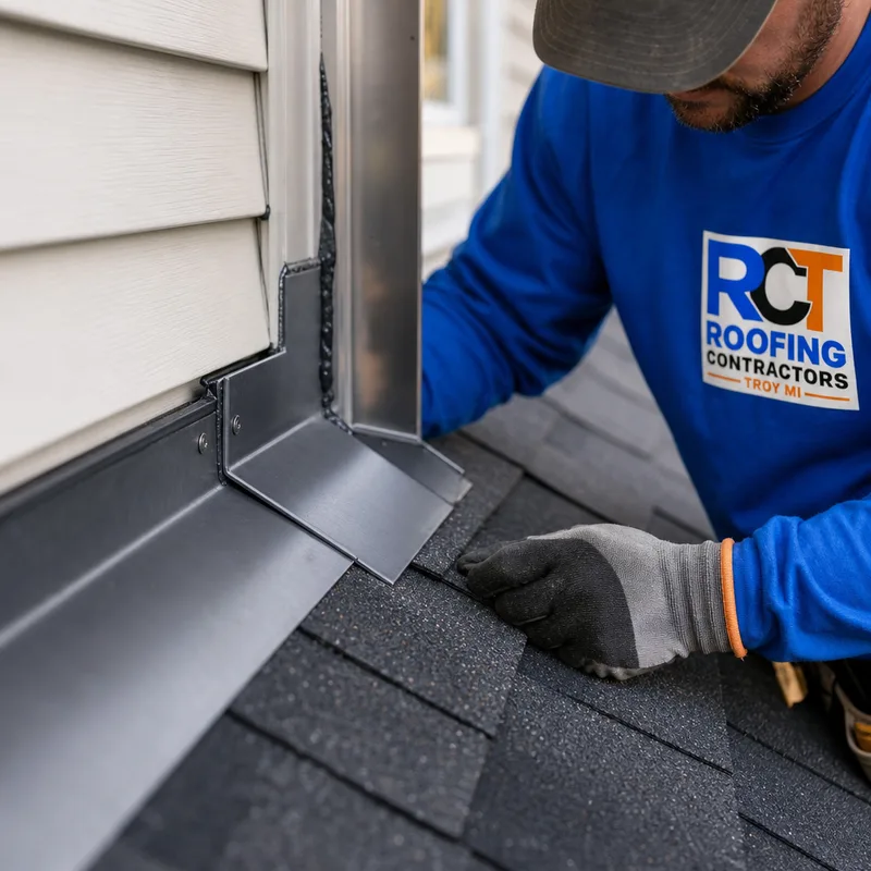 Proper step flashing and counterflashing at a roof sidewall with clean shingle courses and sealed fasteners