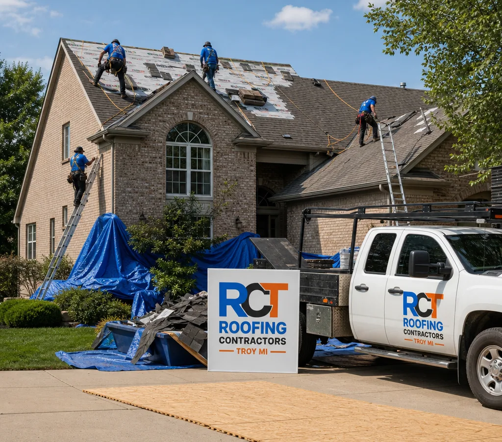 Residential roofing crew replacing asphalt shingles on a Troy, Michigan home with properly set ladders and property protection