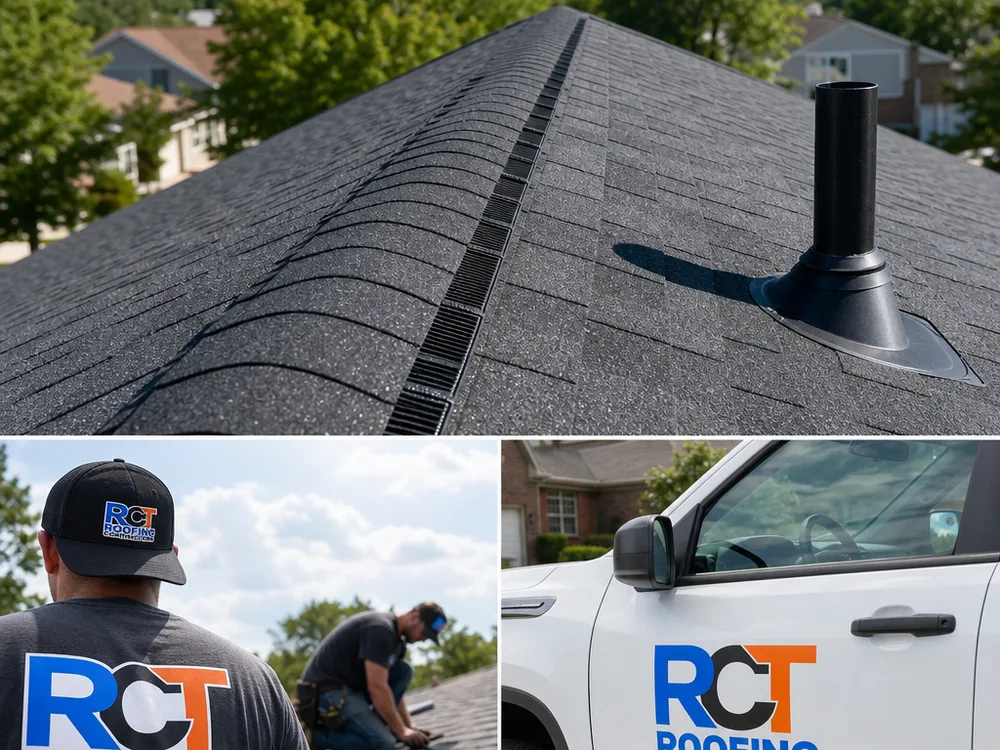 Finished roof detail with ridge vent, capped ridge shingles, and neatly sealed shingles around a plumbing vent boot
