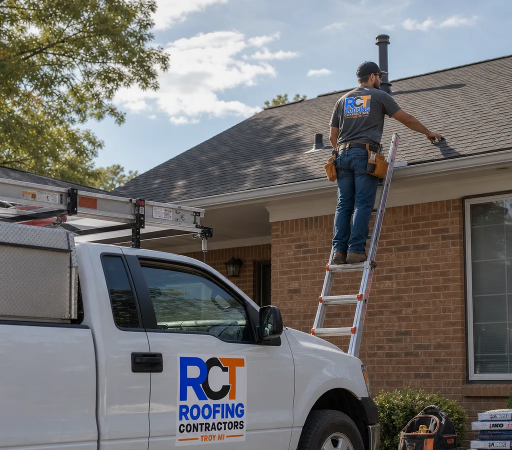 Roofing contractor safely inspecting an asphalt shingle roof on a Troy, Michigan home