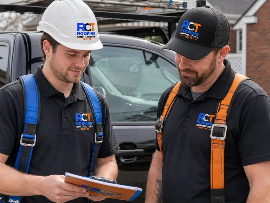 Two-person roofing crew in safety gear reviewing an inspection checklist beside their work vehicle